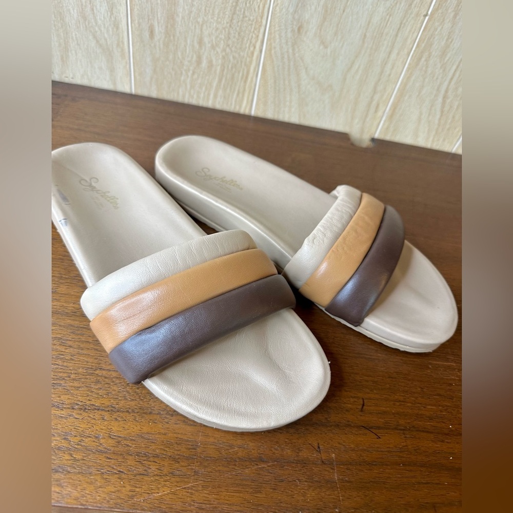Seychelles Low Key Slide Three-Tone Padded Sandals — Cream, Tan, Brown, Size 11